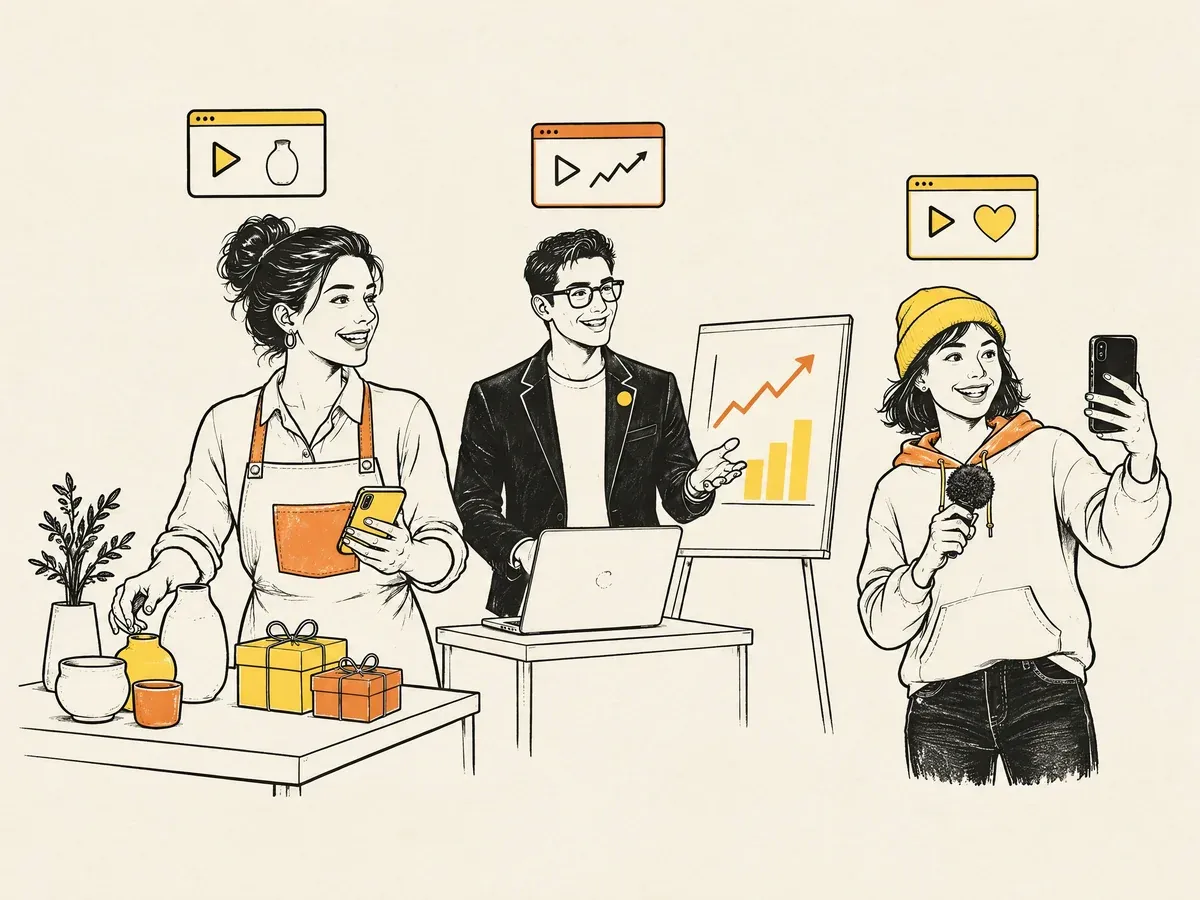Illustration of a Filipino small business owner, a marketer and a content creator each making short videos for their work