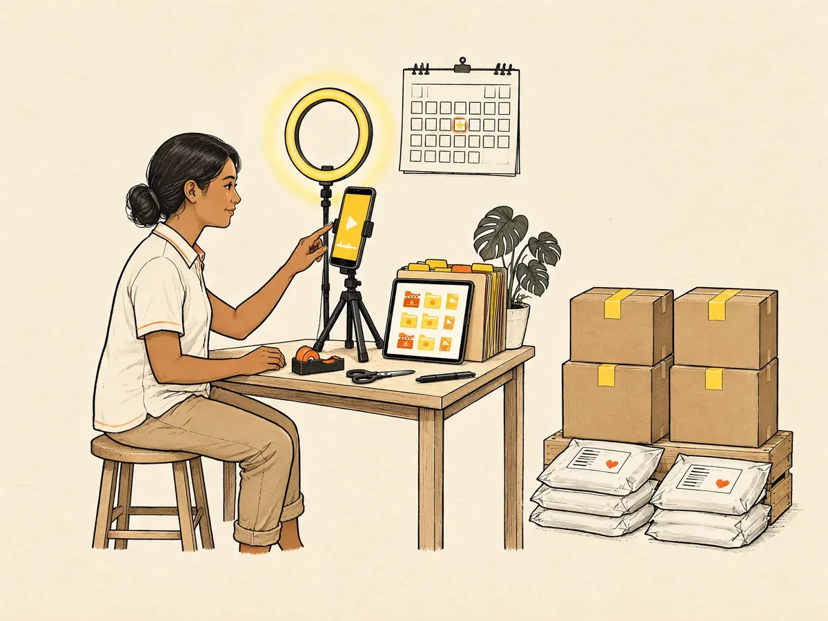 Illustration of a Filipino small business owner sorting video clips into folders at her desk before the CapCut plugin beta