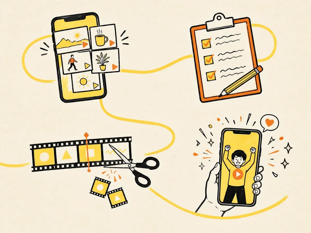 Illustration of an AI video editing flow from phone clips to an approved brief, a trimmed timeline and a finished reel