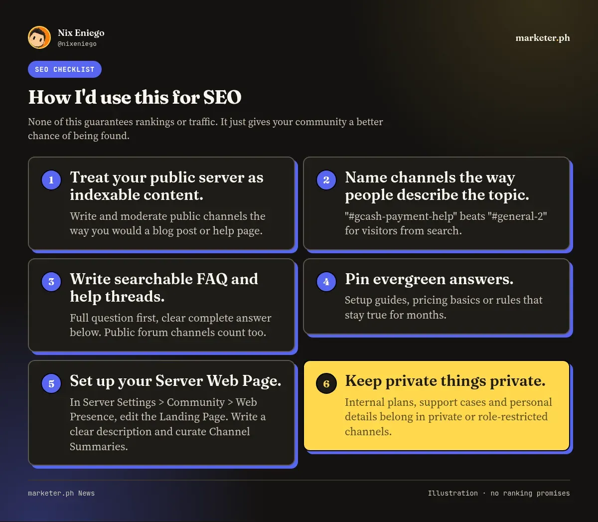Six SEO tips for a public Discord server, from channel naming to Server Web Page setup